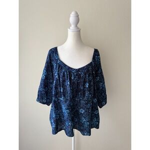 Old Navy Blue Floral Peasant Top 2X Square Neck Smocked Back Cotton Rayon Blouse